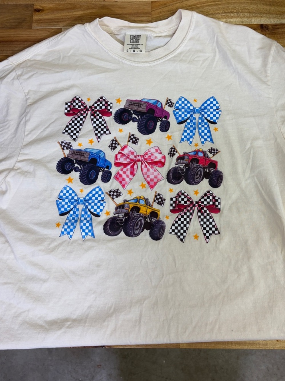 Comfort Colors Cream Tee with Colorful Monster Trucks & Gingham Bows Grid